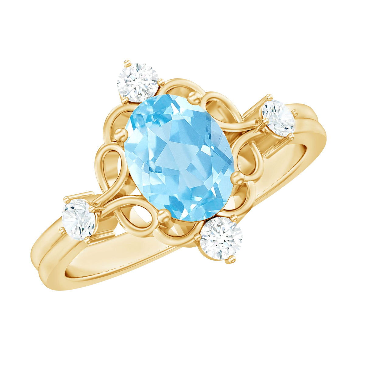 Art Deco style 1 carat oval aquamarine and diamond cocktail ring by Rosec Jewels, featuring intricate design and sparkling gemstones.