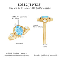 Art Deco 1 Carat Oval Aquamarine and Diamond Cocktail Ring by Rosec Jewels, featuring a detailed design and sparkling gemstones.