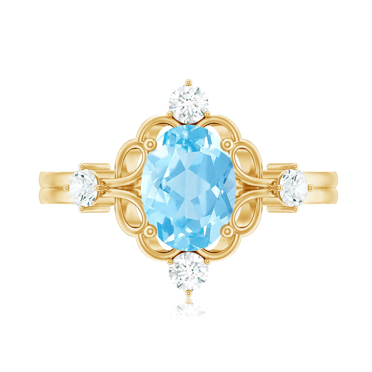 Art Deco style 1 carat oval aquamarine and diamond cocktail ring by Rosec Jewels, featuring intricate metalwork and sparkling gemstones.