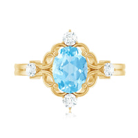 Art Deco style 1 carat oval aquamarine and diamond cocktail ring by Rosec Jewels, featuring intricate metalwork and sparkling gemstones.