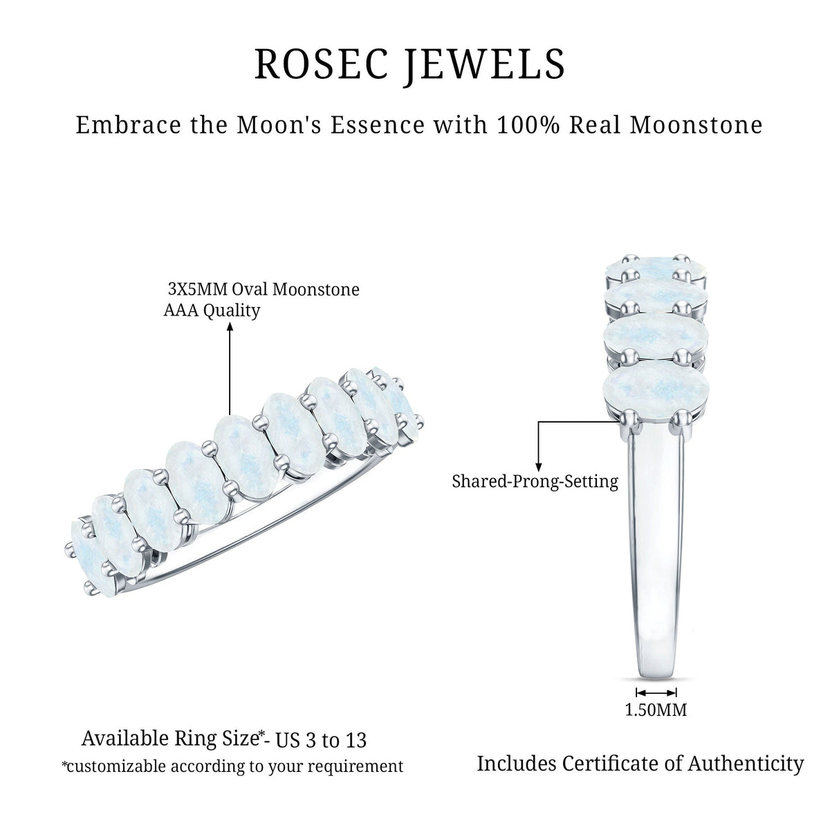 Oval cut moonstone half eternity wedding band ring by Rosec Jewels with a continuous row of moonstones in a silver setting.