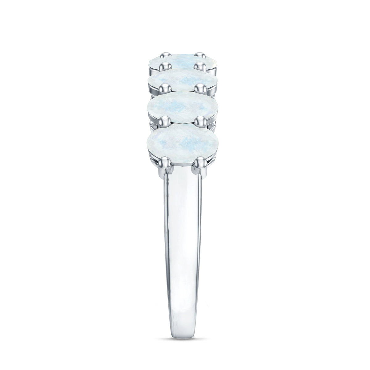 Oval cut moonstone half eternity wedding band ring with rose gold setting from Rosec Jewels, showcasing sparkling moonstone stones.