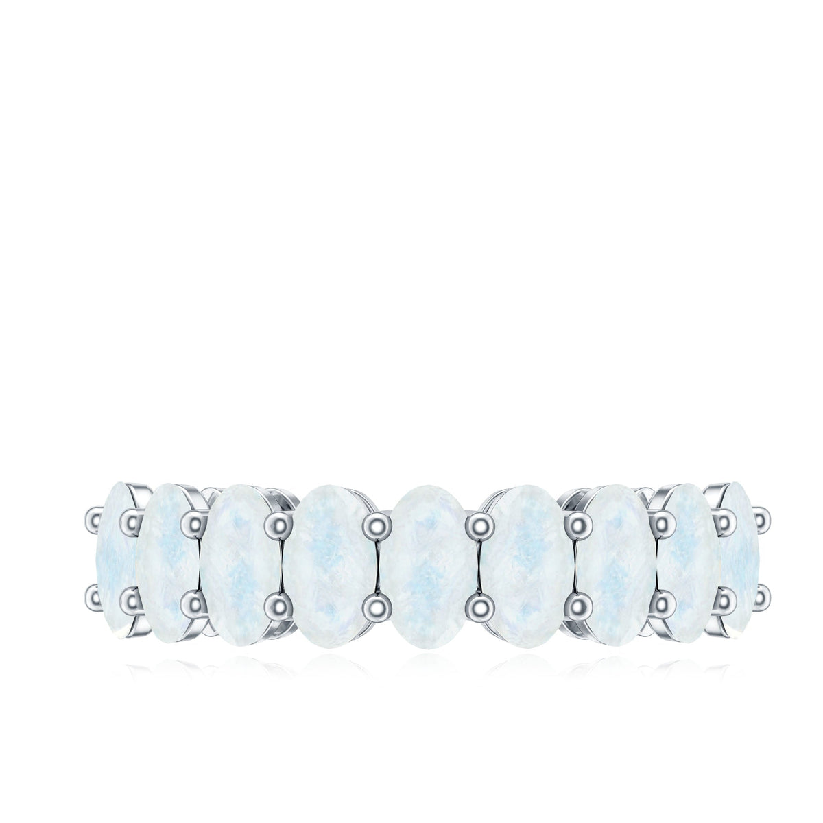 Oval cut moonstone half eternity wedding band ring with alternating moonstones and metal setting by Rosec Jewels.