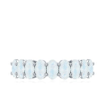 Oval cut moonstone half eternity wedding band ring with alternating moonstones and metal setting by Rosec Jewels.