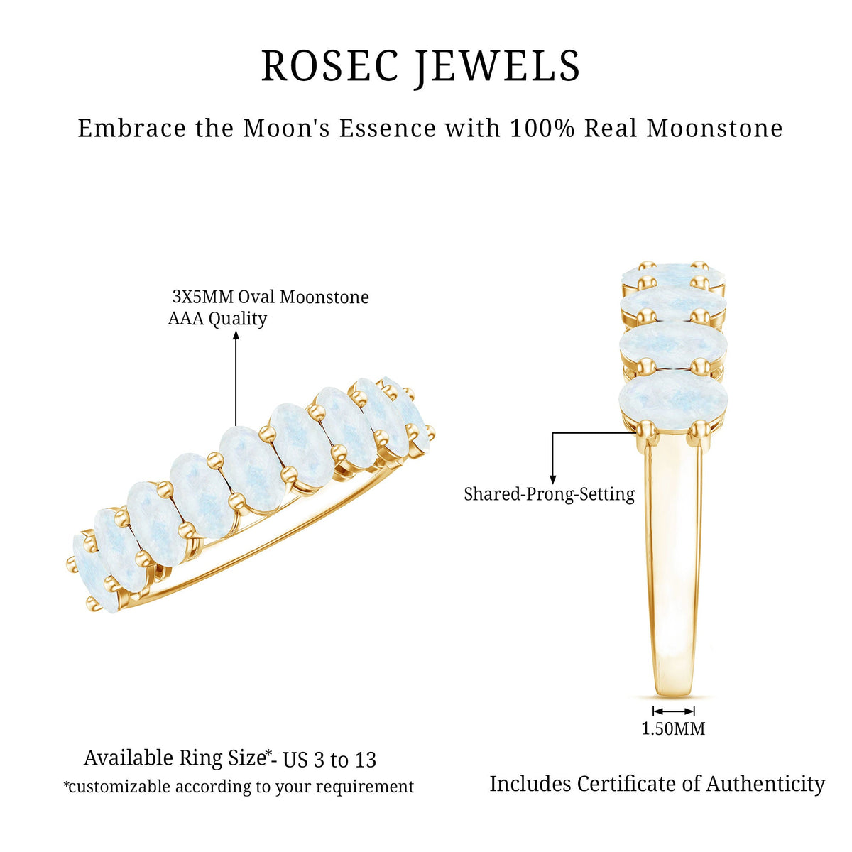 Oval cut moonstone half eternity wedding band ring with alternating moonstone gemstones set in a rose gold band.