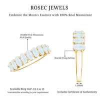 Oval cut moonstone half eternity wedding band ring with alternating moonstone gemstones set in a rose gold band.