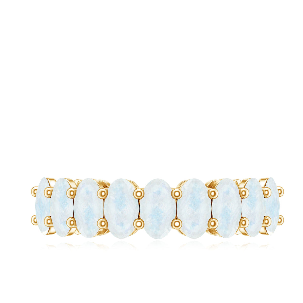 Oval cut moonstone half eternity wedding band ring by Rosec Jewels, featuring a continuous row of moonstone gemstones on a sleek band.