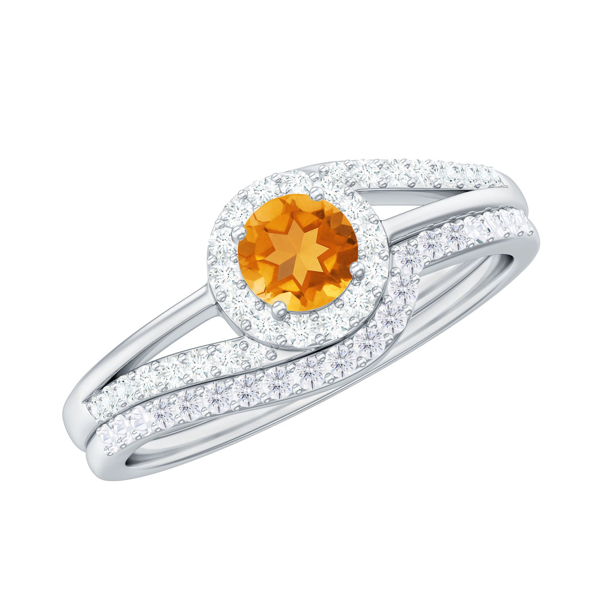 Genuine Citrine engagement ring with diamond wedding band, featuring a yellow citrine gemstone and sparkling diamonds on rose gold band