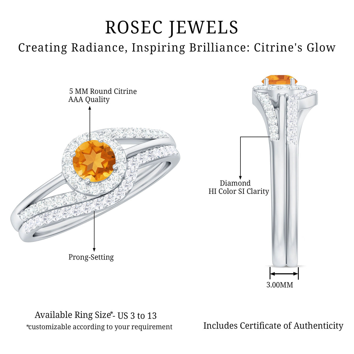 Genuine Citrine engagement ring with diamond wedding band, Rosec Jewels, featuring a large orange citrine gemstone and sparkling diamonds.