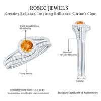 Genuine Citrine engagement ring with diamond wedding band, Rosec Jewels, featuring a large orange citrine gemstone and sparkling diamonds.