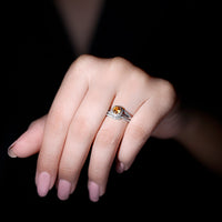 Genuine citrine engagement ring with diamond wedding band from Rosec Jewels, showcasing a sparkling citrine stone and intertwined bands.