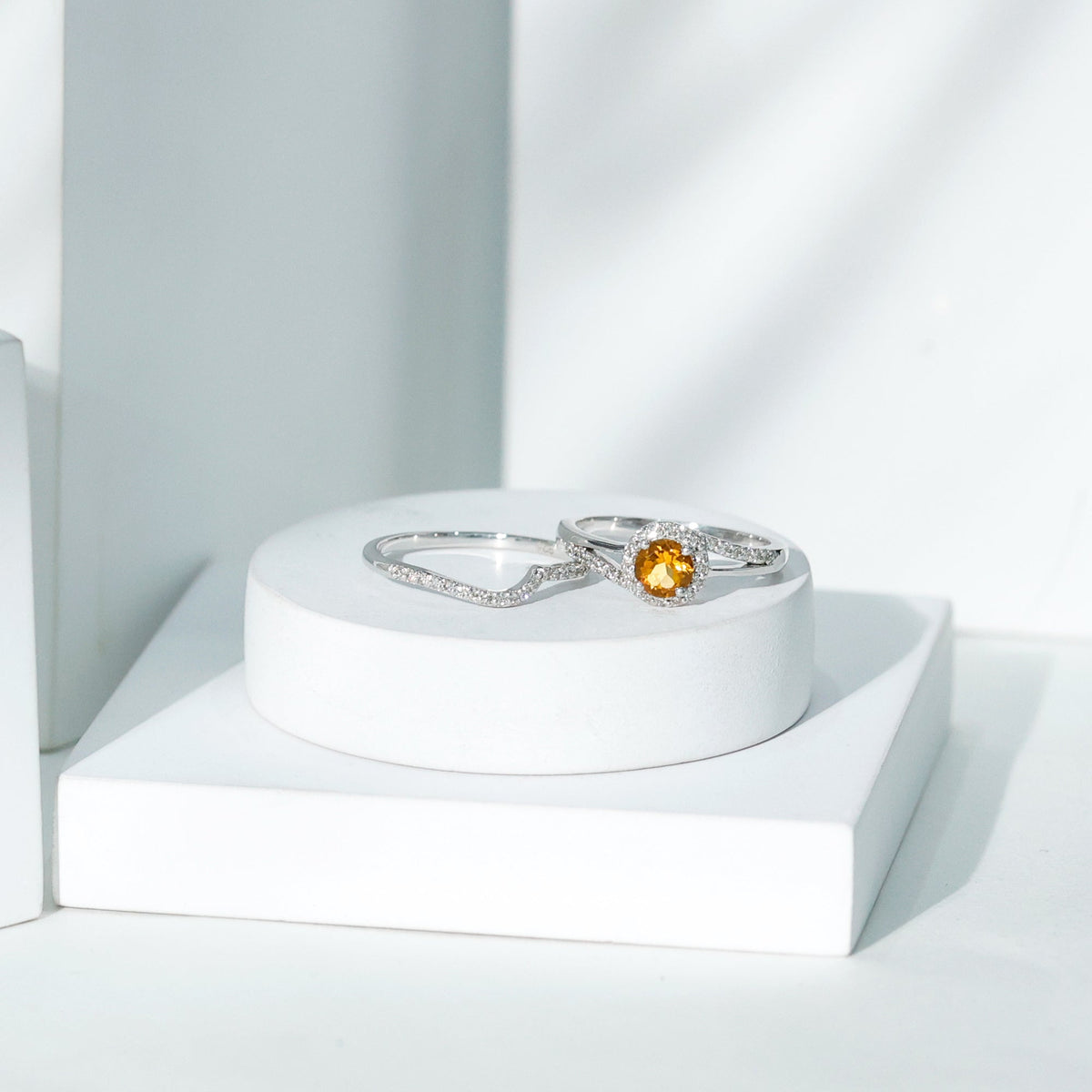 Genuine Citrine engagement ring with diamond wedding band, featuring a gold band and sparkling stones, by Rosec Jewels.