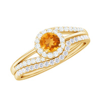 Genuine citrine engagement ring with diamond wedding band, featuring a gold setting and intricate design by Rosec Jewels.