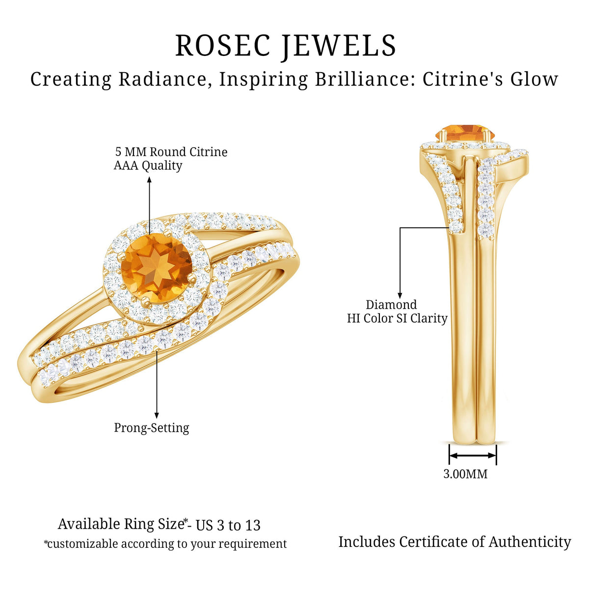 Genuine citrine engagement ring with diamond wedding band from Rosec Jewels, showcasing a large central citrine and sparkling diamonds.