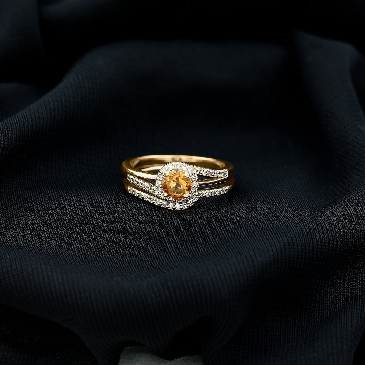 Genuine citrine engagement ring with diamond wedding band from Rosec Jewels, featuring a large yellow citrine gemstone and sparkling diamonds.