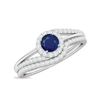Natural Blue Sapphire Wedding Engagement Ring Set with Diamond