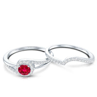 Certified Lab Ruby and Diamond Halo Wedding Ring Set