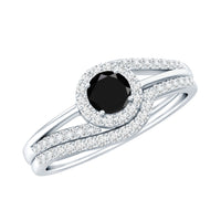 Black Onyx minimal wedding rings set with diamond curved band, featuring elegant rose gold design by Rosec Jewels.