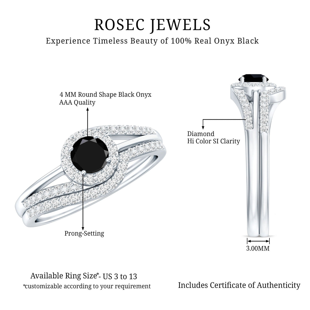 Black Onyx wedding rings set by Rosec Jewels featuring a minimalist design with a curved diamond band and black onyx accents.