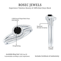 Black Onyx wedding rings set by Rosec Jewels featuring a minimalist design with a curved diamond band and black onyx accents.