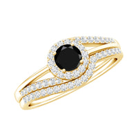 Black Onyx minimal wedding rings set with diamond curved band, elegant and stylish rings by Rosec Jewels.