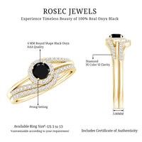 Black Onyx wedding rings set by Rosec Jewels featuring a minimal design with a curved band and embedded diamonds.