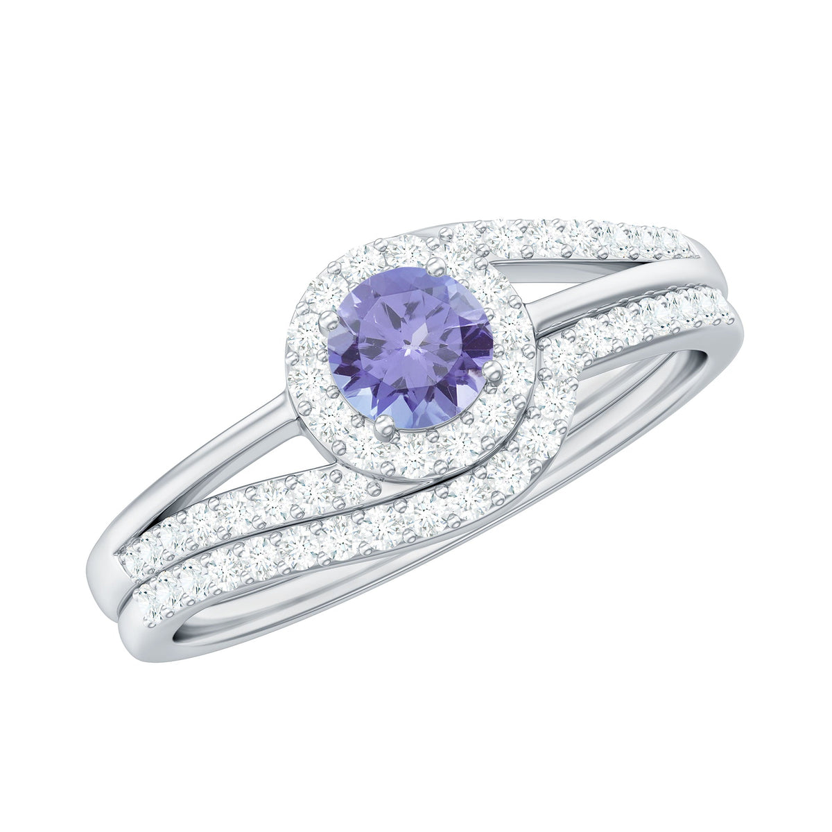 Genuine Tanzanite engagement ring with diamond enhancer featuring a violet-blue tanzanite gemstone and sparkling diamonds in a rose gold setting