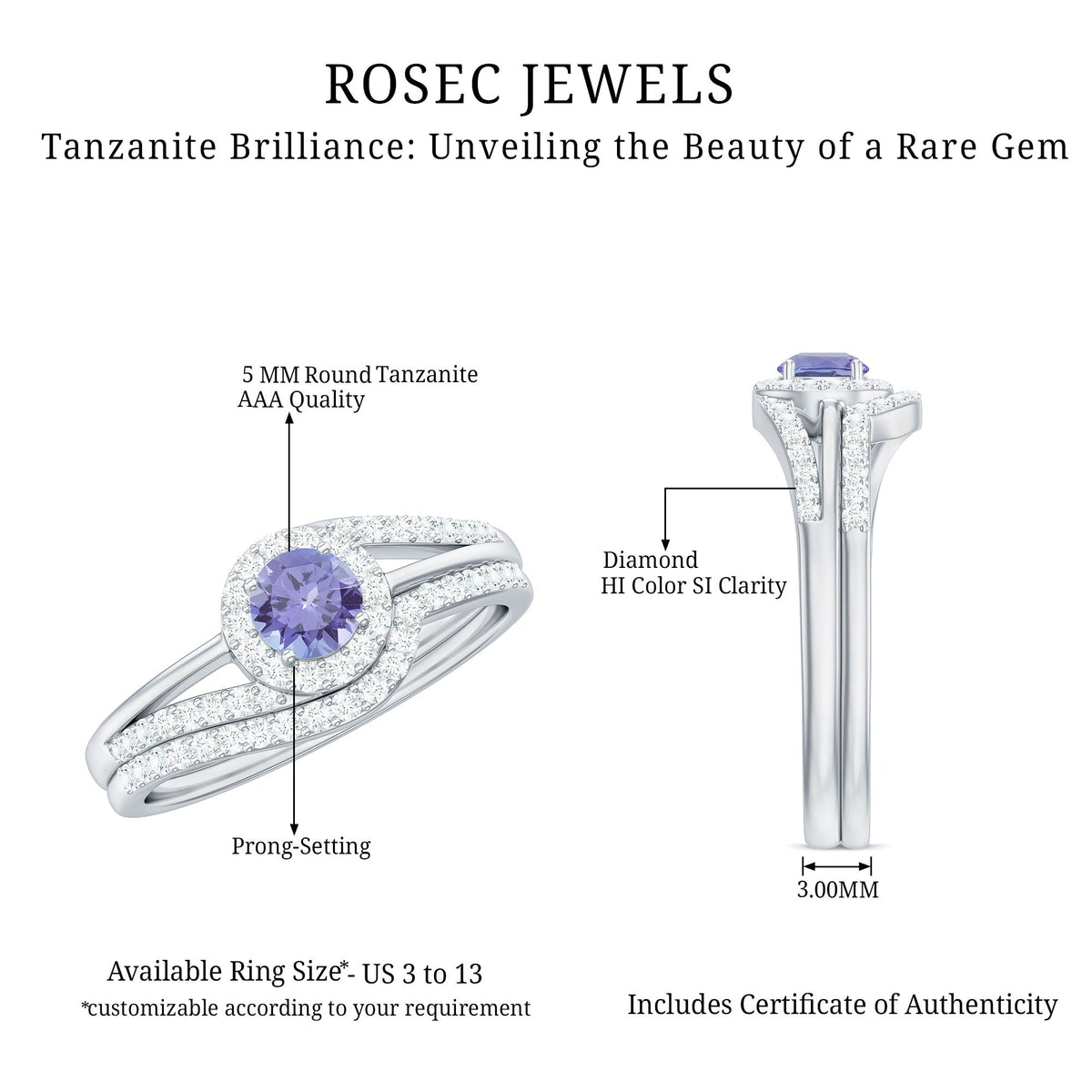 Genuine Tanzanite engagement ring with diamond enhancer, featuring a vibrant blue Tanzanite gemstone and sparkling diamonds in a rose gold setting.