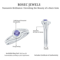 Genuine Tanzanite engagement ring with diamond enhancer, featuring a vibrant blue Tanzanite gemstone and sparkling diamonds in a rose gold setting.