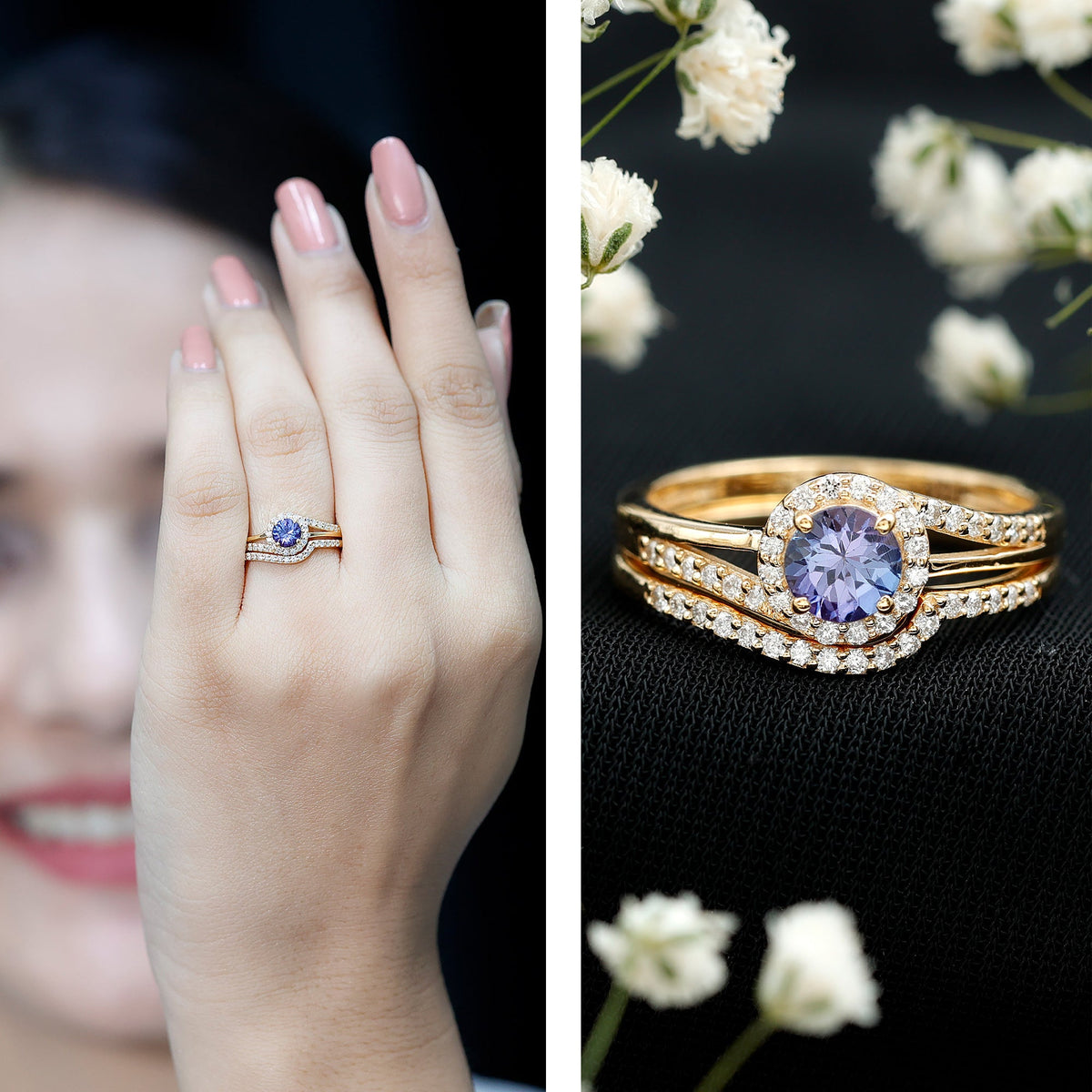Genuine Tanzanite engagement ring with diamond enhancer by Rosec Jewels featuring a vibrant blue Tanzanite stone and sparkling diamonds.