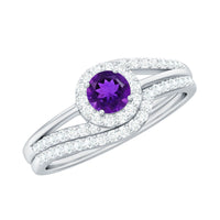 Natural Amethyst Diamond Wedding Bridal Ring Set of 2