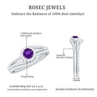 Natural Amethyst Diamond Wedding Bridal Ring Set of 2