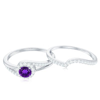 Natural Amethyst Diamond Wedding Bridal Ring Set of 2