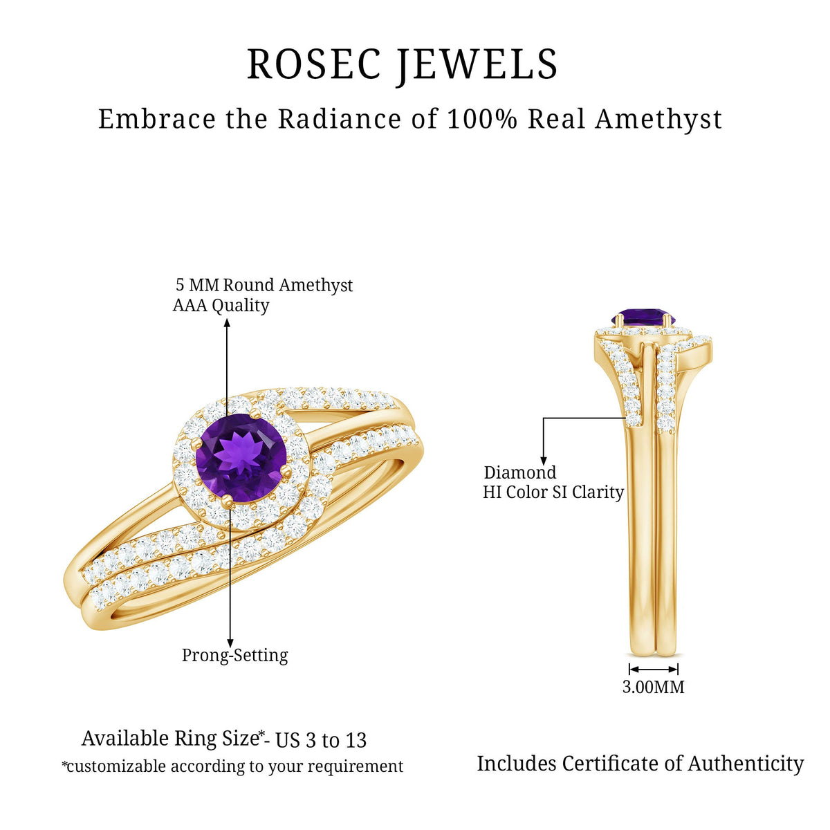 Natural Amethyst Diamond Wedding Bridal Ring Set of 2