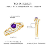 Natural Amethyst Diamond Wedding Bridal Ring Set of 2