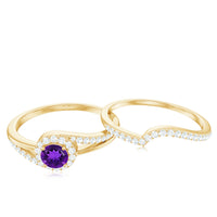 Natural Amethyst Diamond Wedding Bridal Ring Set of 2