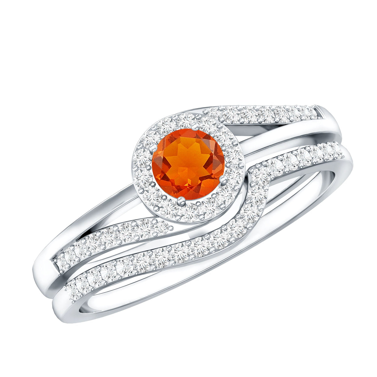 Certified fire opal engagement ring with diamond enhancer from Rosec Jewels, featuring a vibrant fire opal and sparkling diamond accents.