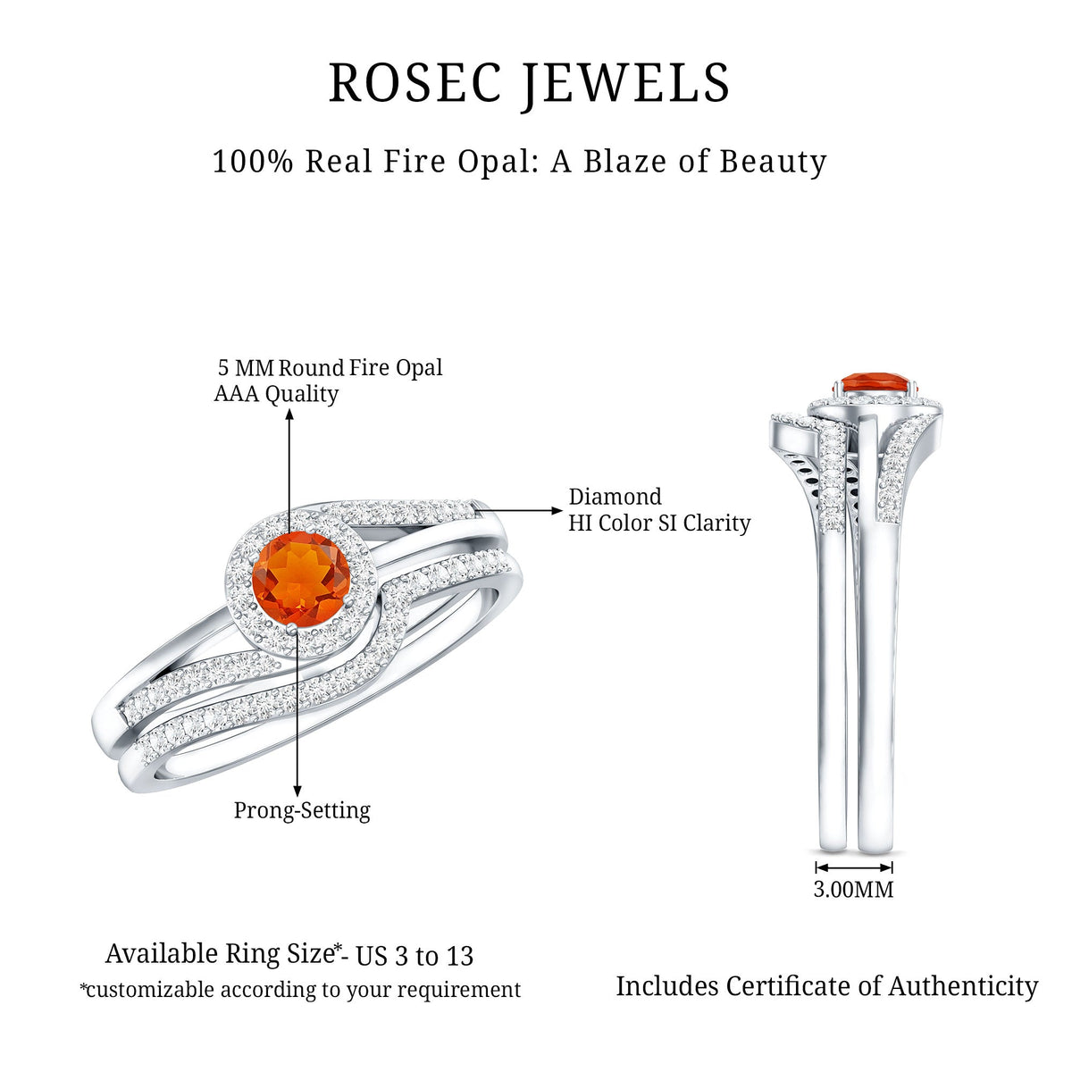 Certified fire opal engagement ring with diamond enhancer from Rosec Jewels, featuring a vibrant fire opal and sparkling diamonds.