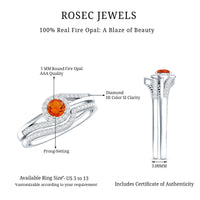 Certified fire opal engagement ring with diamond enhancer from Rosec Jewels, featuring a vibrant fire opal and sparkling diamonds.