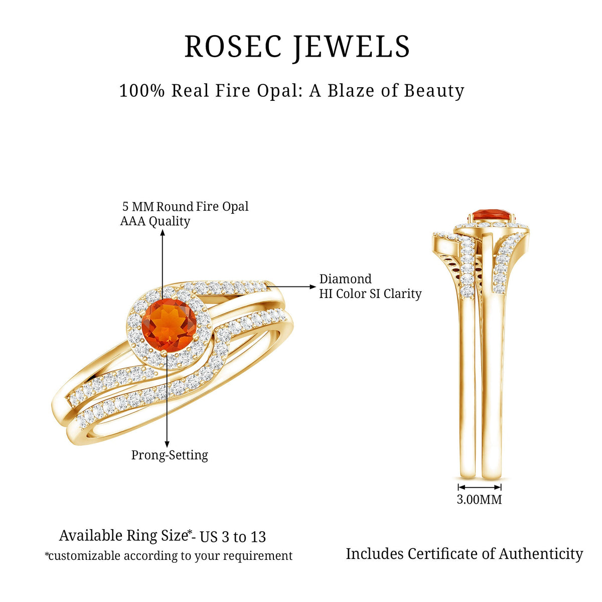 Certified fire opal engagement ring with diamond enhancer from Rosec Jewels, featuring a vibrant fire opal and sparkling diamonds.