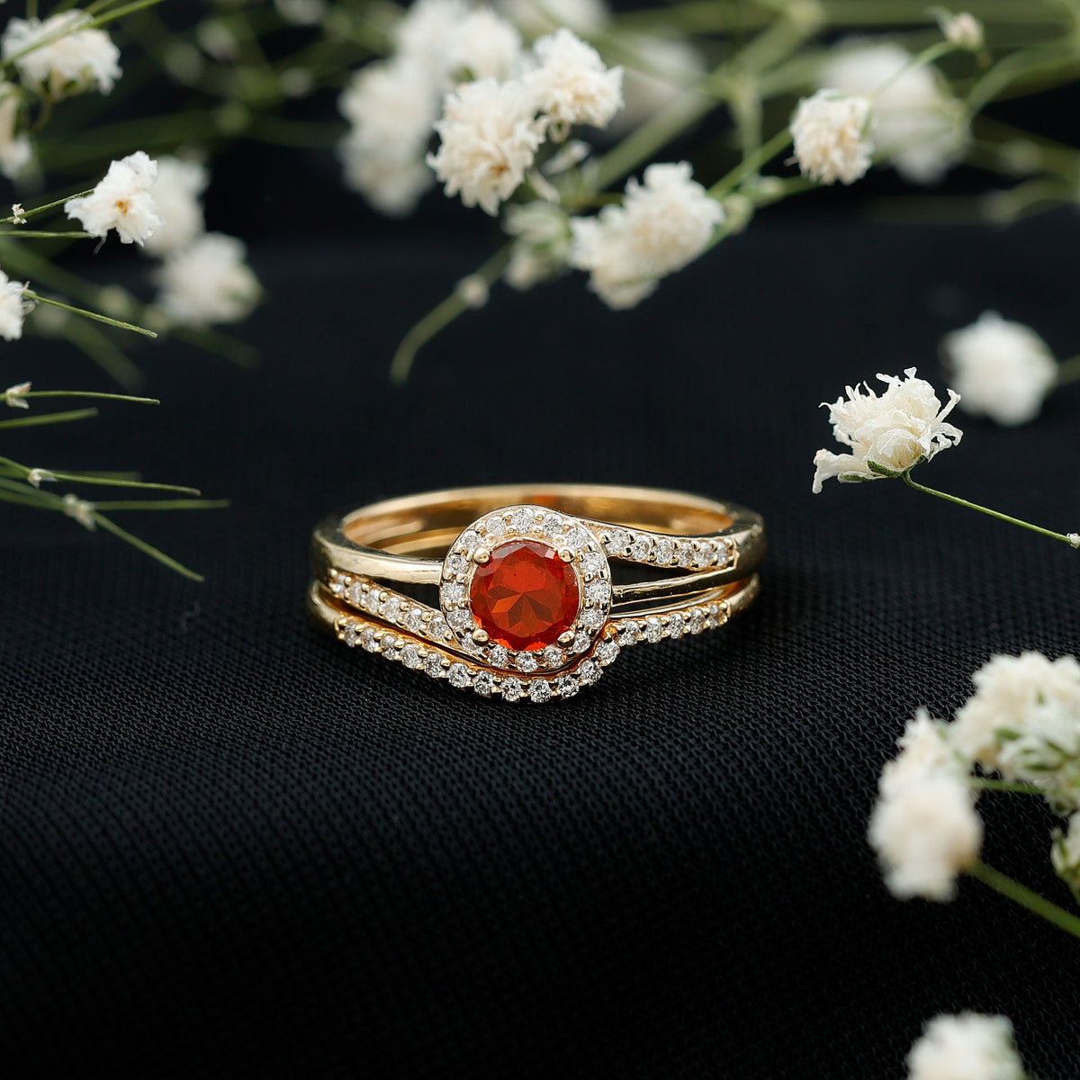 Certified fire opal engagement ring with diamond enhancer from Rosec Jewels, showcasing a vibrant fire opal and sparkling diamonds.