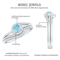 Certified real aquamarine engagement ring with diamond enhancer from Rosec Jewels, showcasing a sparkling blue gemstone and intricate band details.