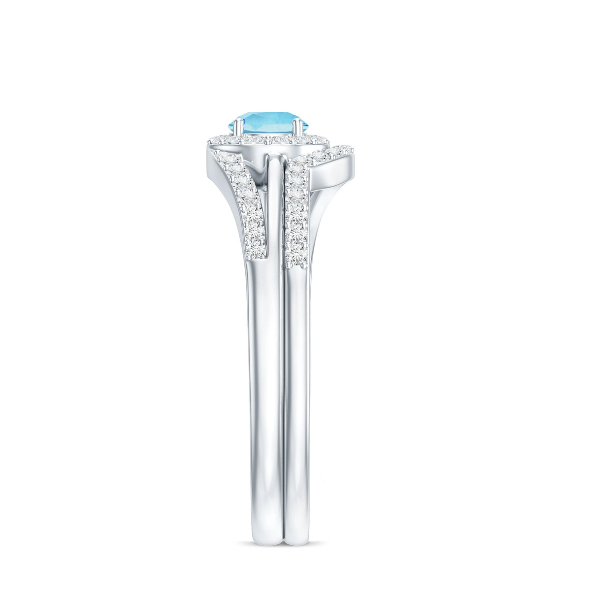 Certified real aquamarine engagement ring with diamond enhancer, featuring a detailed band and sparkling gemstone setting.