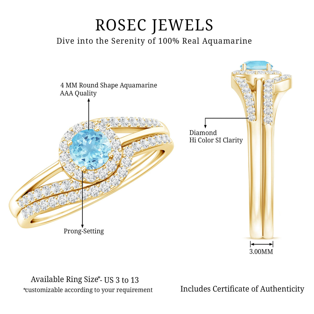 Certified real aquamarine engagement ring with diamond enhancer from Rosec Jewels, showcasing a sparkling aquamarine center and intricate band.