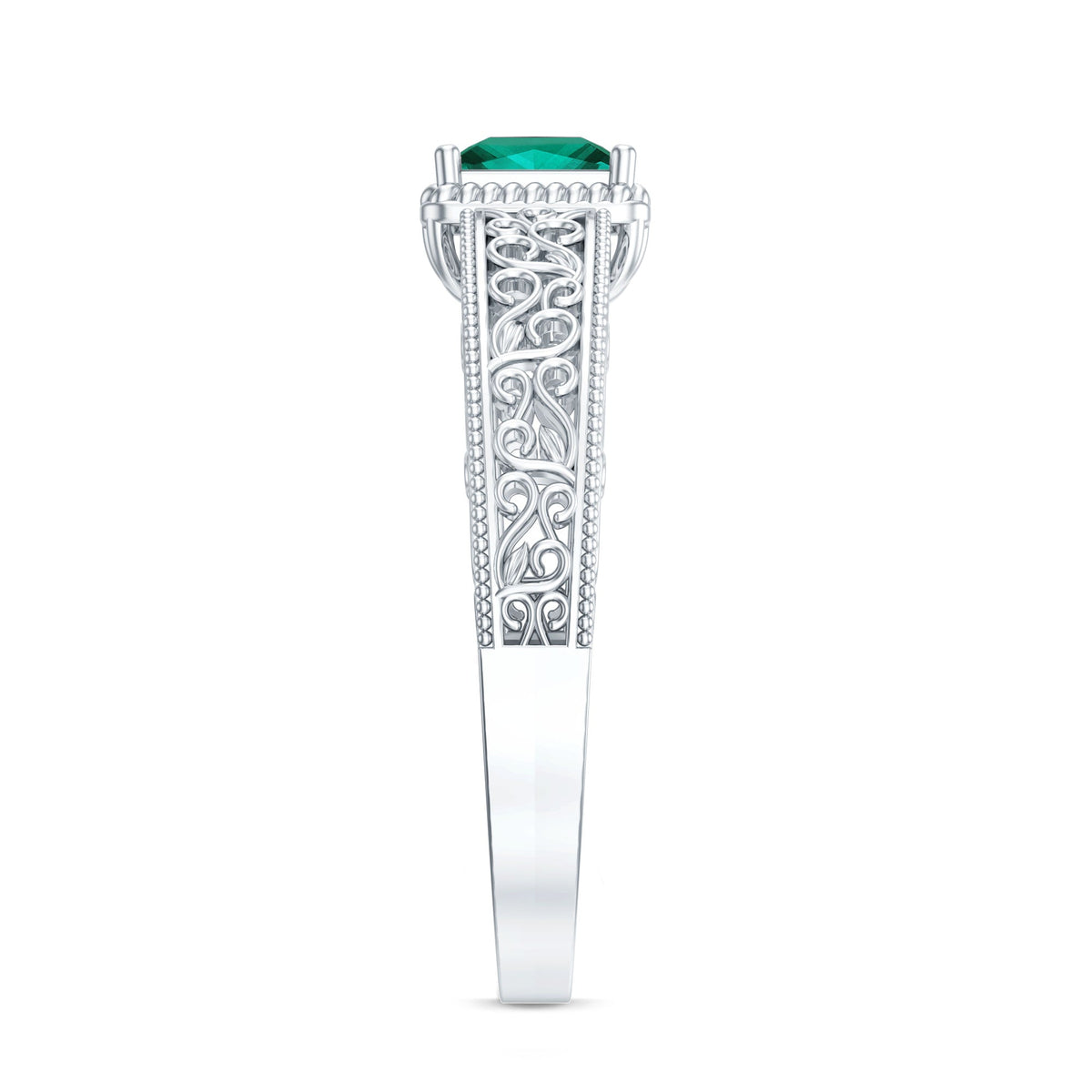 Vintage Inspired Princess Cut Lab Grown Emerald Promise Ring with Filigree Details