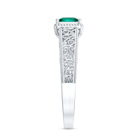 Vintage Inspired Princess Cut Lab Grown Emerald Promise Ring with Filigree Details