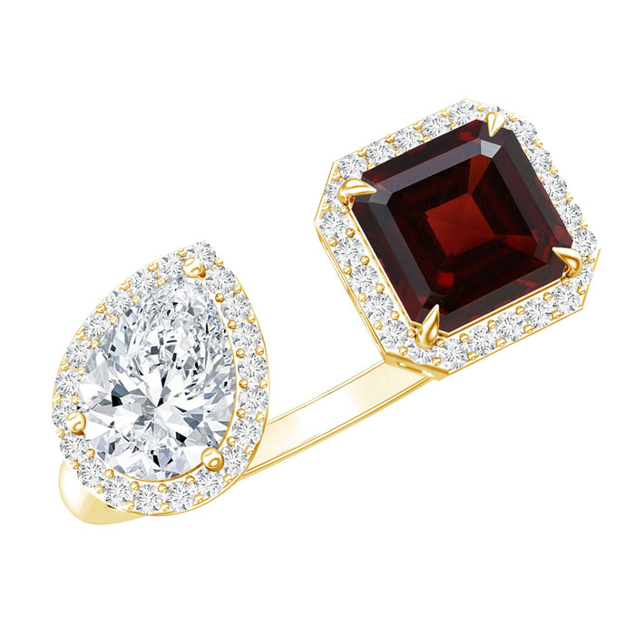 Natural garnet toi et moi engagement ring with moissanite, yellow gold plated silver, featuring a romantic two-stone design.