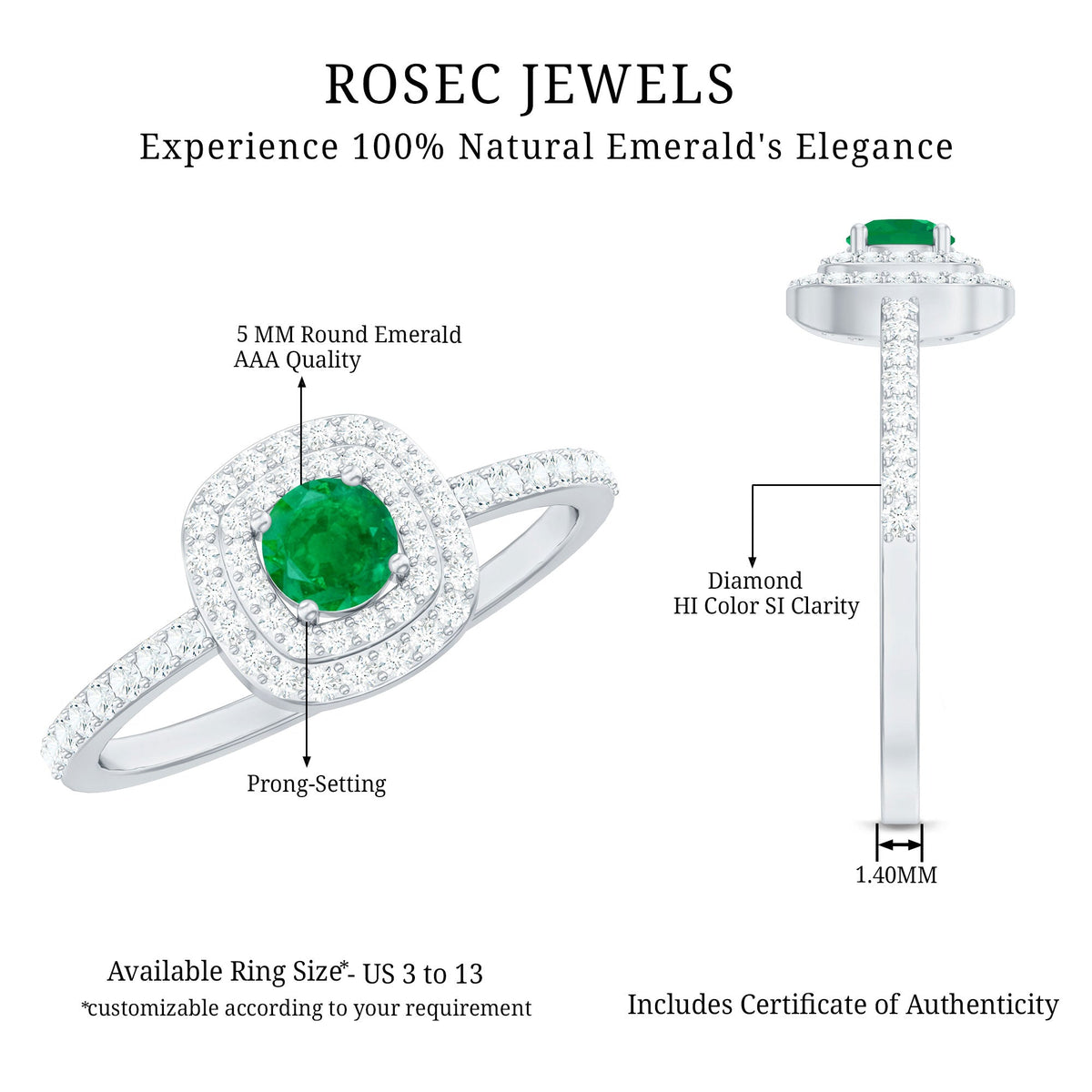 Round emerald and diamond double halo engagement ring from Rosec Jewels, featuring intricate detailing and sparkling gemstones.