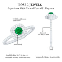 Round emerald and diamond double halo engagement ring from Rosec Jewels, featuring intricate detailing and sparkling gemstones.