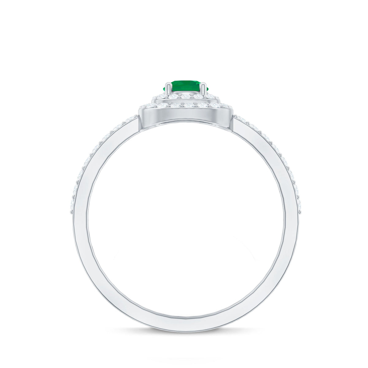 Round emerald and diamond double halo engagement ring by Rosec Jewels, showcasing intricate diamond-encrusted halo design.